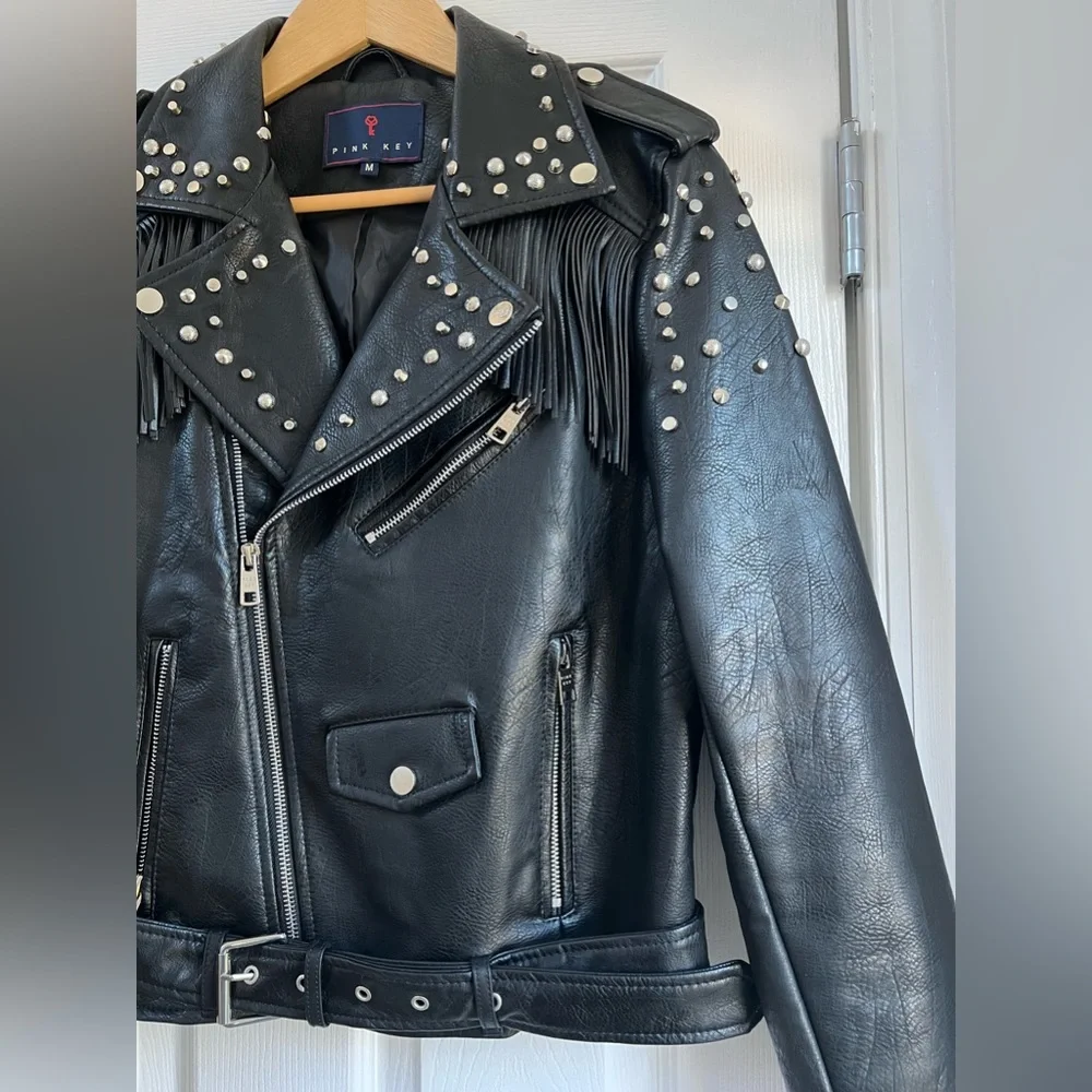 PINK ROSE Black Studded Fringe Leather Moto Jacket - Picture 2 of 10